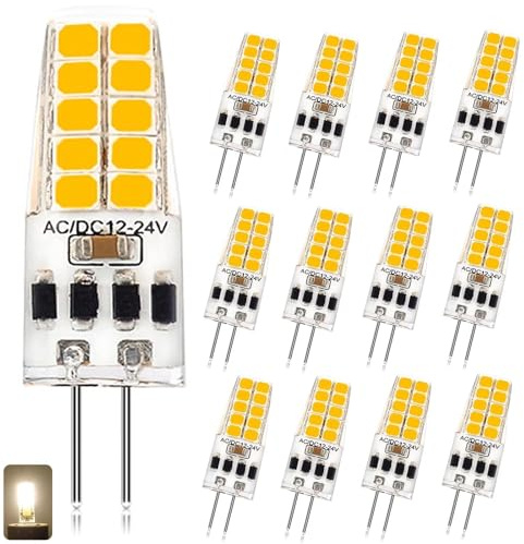 Bombillas LED G4 regulables 12v/24V 3W (equivalente 30W) Bombilla halógena CA/CC Base G4 de dos pines IRC 80+ Sin parpadeo Ángulo de haz de 360° 300 lúmenes(Warm White 3000K,12pack)