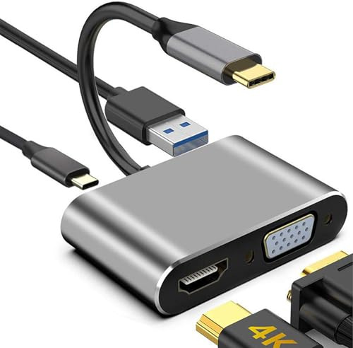 Adaptador USB C a HDMI VGA USB 3.0 PD,4 en 1 Hub/Adaptador, Multipuerto USB C Adaptador HDMI 4 en 1 con puerto USB 3.0, puerto de carga PD 100 W,para MacBook,Chromebook,HDTV