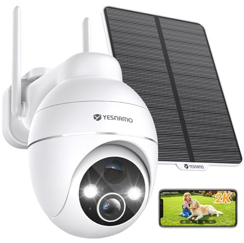 YESNAMO 2K Camera Surveillance WiFi Exterieure sans Fil 360° PTZ | Énergie Solaire Caméra Solaire Batterie 2,4 G, Double Antenne Vision Nocturne Couleur, Détection PIR Audio Bidirectionnel