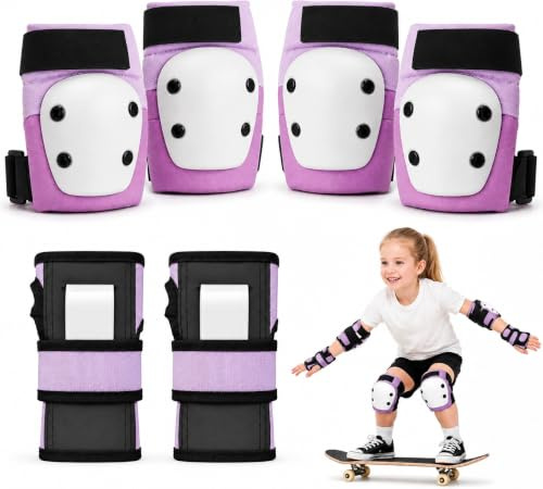 Lafefe Kids Protective Gear Set 6 in 1, Knee Pads Elbow Pads Wrist Guards with PP Shell & EVA Cushion, Adjustable Skating Pads S Size for Roller Skating Skateboard Cycling (Pink Purple)