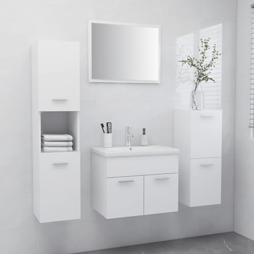 Traylux badrumsmöbelset, vitt trämaterial med tvättställ, spegel, högskåp och midiskåp för snygg badrumsförvaring, inklusive underskåp och väggmontering, modern design