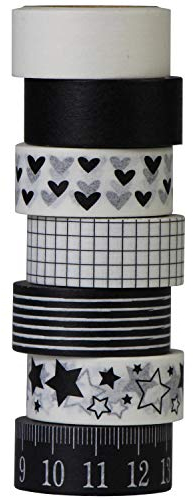 UOOOM Aufodara Lot de 7 rouleaux de ruban adhésif décoratif Washi noir et blanc Motif amour / pentagramme - pour scrapbooking