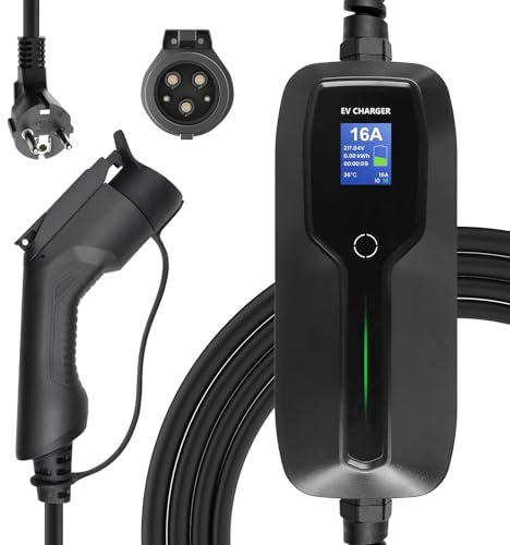 Morec Typ 1 bärbar EV-laddningskabel, omkopplingsbar laddningsbox 10/16A laddare med bildskärm Schuko 2-stifts EV laddningsstation SAE J1772 elektrisk bil EVSE (US-kontakt) 6m