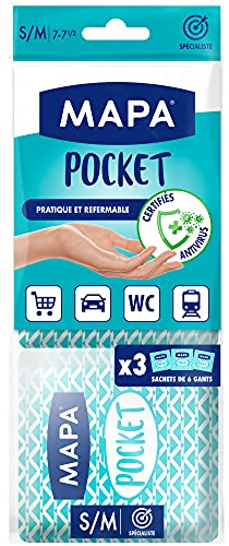 MAPA - Guanti Pocket x 18 - Guanti sottili in vinile senza polvere e lattice - Riciclabili con TerraCycle - Certificati Antivirus - 3 sacchetti da 6 guanti - Taglia S/M