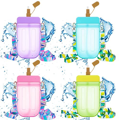Cunhill 4 Pieces Ice Cream Water Bottles with Strap Kids End of Year Gift for Student Kawaii Drinking Purse Ice Bar Transparent Jug Cup for Camping Sports Shopping