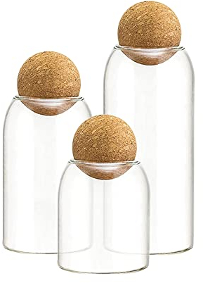 AEFPOYMXU 3 Pcs Glass Jars with Cork Ball Lid Set Kitchen Food Terrarium Airtight Clear Storage Canisters with Wooden Lids for Cookie Candy Coffee Bean Spice Sugar Rice