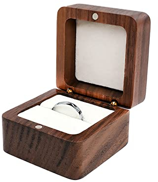 FuninCrea Personalized Wooden Ring Box, Small Engagement Ring Holder Box for Rings, Square Wedding RingsBox Elegant and Retro Rings Storage Boxes with Single Slot for Wedding Ceremony (white-single)