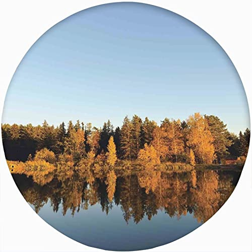 XISUNYA Lake Decor Round Fitted Tablecloth with Elastic Edge,Photo of Autumn Forest Trees Over The Lake Peace Nature Art Print Polyester Table Cover, XXLarge, Fit Round Tables up 65-71 Diameter