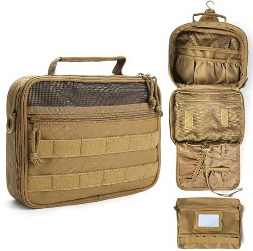 SMONT Neceser táctico para Hombre, 9.5 Pulgadas, Kit de Aseo para Colgar, Bolsa de higiene de Afeitado para Viajar al baño, Brown, Multifuncional: