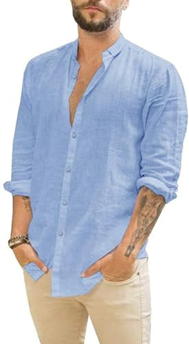 Friptspyg Linen Shirts Mens Long Sleeve Button Down Beach Causal Shirts for Men Adult