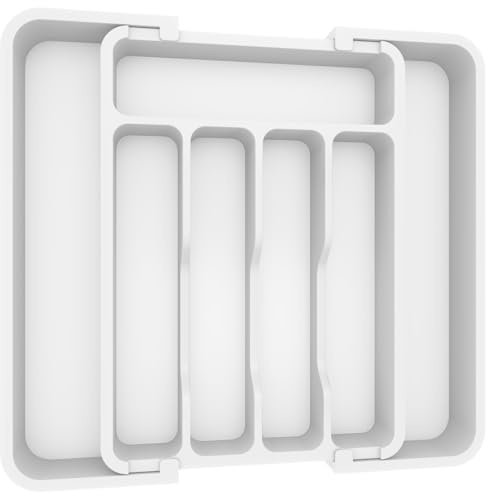 Lifewit Organizador Cuberteros para Cajón Cocina, Libre de BPA Bandeja Cubiertos Extensible, Separador Cubiertos Utensilios Almacenaje, Cajas para Cubertería, Fondo 31 cm, Ancho 23-37cm, Blanco