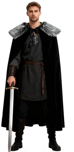 keland Cape Velours Noir avec Col Fausse Fourrure Viking Détachable Cape Médiévale en Fourrure (Noir Blanc)