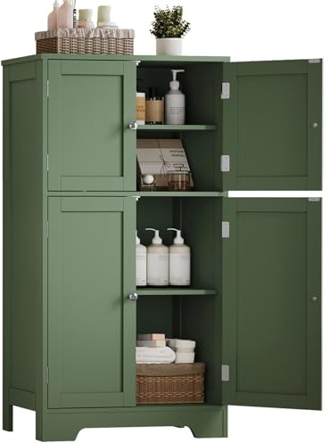 TEENFON Bathroom Storage Cabinet, Bathroom Cabinet with 4 Doors & 2 Adjustable Shelves, Cupboard, Cabinets for Living Room, Entryway, Office, Forest Green