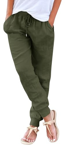 Yuson Girl Linen Trousers Summer Beach Casual Elastic Waist Tapered Drawstring Pockets Harem Lightweight Lounge Pants