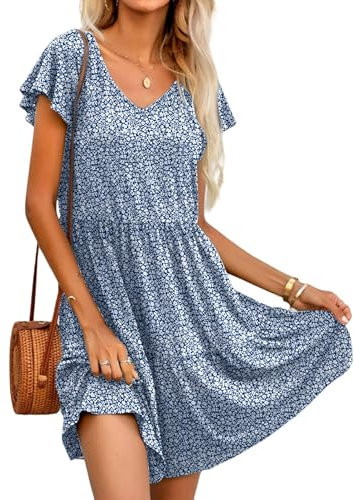 HOTOUCH Dress for Women Summer Dresses Short Sleeve V-Neck Sundress Casual Swing Tiered Dress with Pockets Flower Blue L