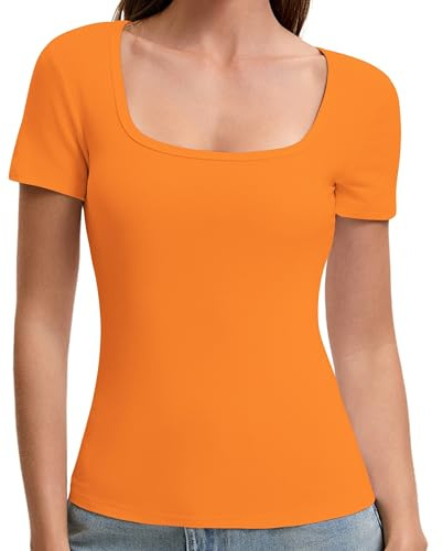 OYIGELZ Maglietta da donna basic a maniche corte Y2K, slim fit, taglio classico, crop top, tinta unita, maglietta estiva casual, arancione-f1, S
