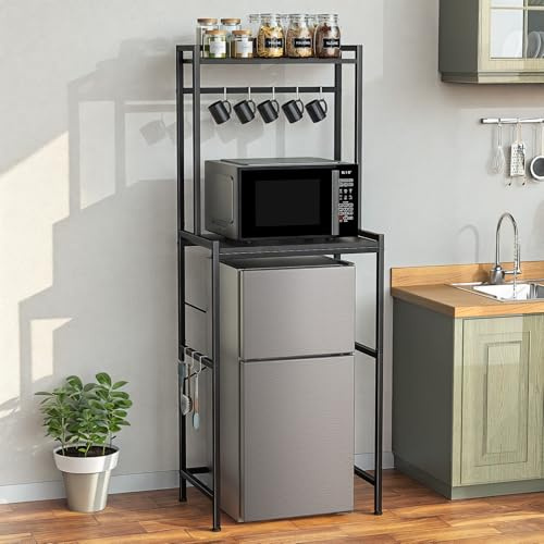 Housolution Mini Fridge Stand with Storage, 2-Tier Kitchen Microwave Stand with Storage Mini Fridge Shelf Height Adjustable Bakers Rack with 8 Hooks for Dorm, Living Room, Offices, Black