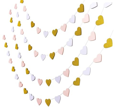 2Pcs Pink Gold Love-Heart Garland, 78 inch Hanging Decoration Streamers Banner for Anniversary Bachelorette Bridal Shower Engagement Valentines Party Decor