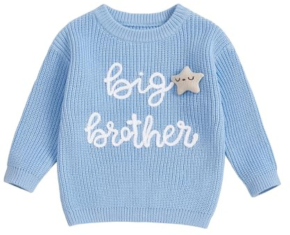 Brother Matching Outfit Clothes Big Brother Knitted Jumper Little Brother Sweater Toddler Baby Boy Knitwear Top Fall Winter Warm Clothing (Blue Big Brother, 18-24 Months)