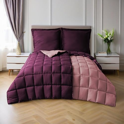 HIG Bettdecken-Set 4-teilig mit 2X Steppdecke 135x200 cm und 2X Kissenbezügen 80x80 cm – Oeko-TEX zertifizierte, kastenförmig genähte Daunenalternative in Pflaume, mit 300GSM Füllung