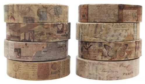 XETHI 8 Rullar Washi Tape Set | 1 cm x 3 m Dekorativ Tejp för Scrapbooking | Vintage Washi-tejp för Journaling, Presentinslagning och DIY-hantverk