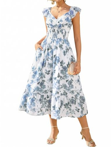 GRACE KARIN Abito estivo da donna con tasche, linea ad A, con motivo floreale, leggero | Abito in chiffon, maxi abito con fiori, abito da donna, elegante e festivo, maniche a volant, scollo a V, foderato, tasche