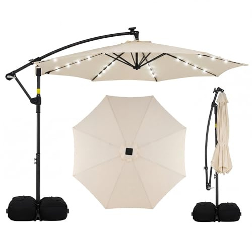 COSTWAY Sonnenschirm mit Ständer und LED-Leuchten, 300 cm Ampelschirm mit Kurbel, Gartenschirm, 360° drehbar, Marktschirm, Terrassenschirm für Garten, Terrasse, Pool (Beige)