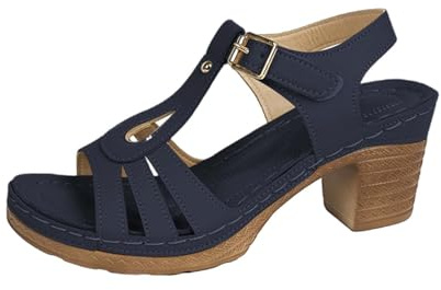 Sommarsandaler för kvinnor tjock häl öppen tå sandaler damer klackad sandal T-rem blockklack gladiatorsandal med justerbart spänne kil bred passform klänningsskor för fest bröllop kväll kontor, BLÅ