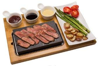 1 x HIGOSHI Bull Engraved Bamboo Board 7 Piece Meat, Fish, Veg or Steak Cooking Hot Stone Set - Sizzling Hot Plate with Spoons