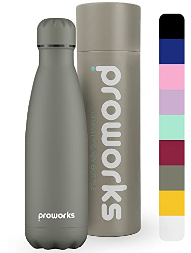 Proworks Performance Stainless Steel Sports Water Bottle | Double Insulated Vacuum Flask for 12 Hours Hot & 24 Hours Cold Drinks - For Home, Work, Gym & Travel - 500ml - BPA Free – Gravity Grey
