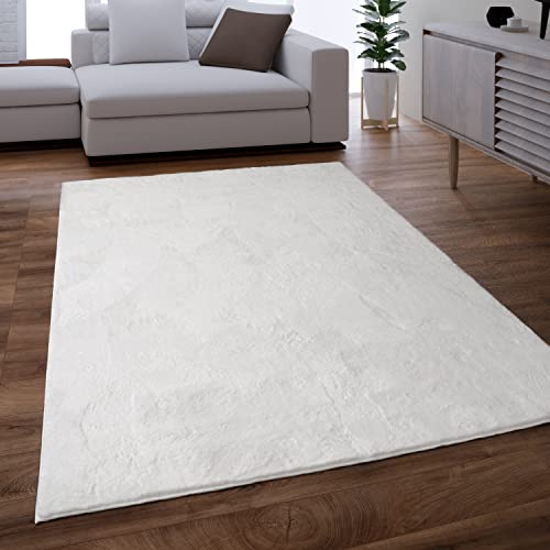 Paco Home Teppich Wohnzimmer Schlafzimmer Kunstfell Shaggy Hochflor Flauschig Soft Einfarbig Weiß, Grösse:60x90 cm
