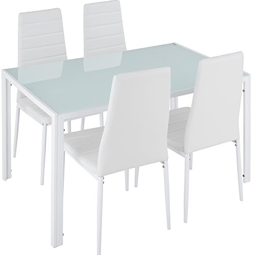tectake® conjunto mesa y sillas de comedor, mesa con tablero cristal seguridad y 4 sillas cocina tapizadas cuero sintético, estructura acero, sillas comedor, set muebles de cocina - Blanco