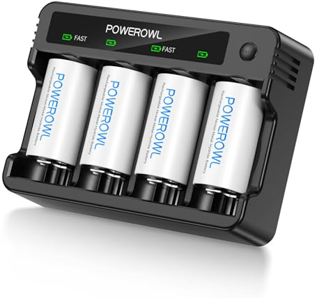 POWEROWL Batterie ricaricabili D con 4 alloggiamenti, ricarica rapida USB, per batterie ricaricabili AA AAA C D Ni-MH Ni-CD -4 Count