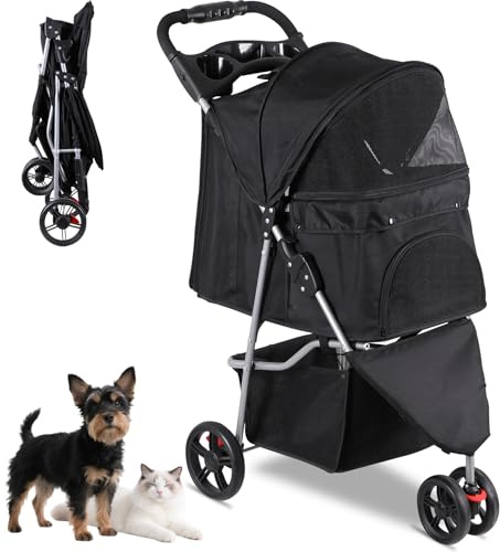 Foldable Pet Stroller for Cats and Dogs 3 Wheels Carrier Strolling Cart with Weather Cover, Storage Basket + Cup Holder (Black)