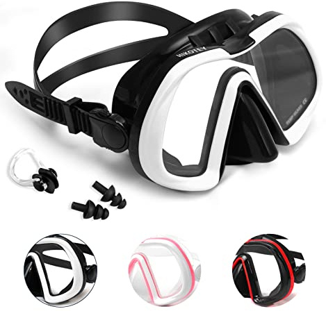 HIKOTEY Occhiali da Sub per Adulti,Maschera per Immersioni Anti-Nebbia & Anti-Perdite Panoramica 180°,Protezione UV,Dotato di Tappi per le Orecchie e Clip il Naso,Adatto a Uomini e Donne-Bianco e Nero