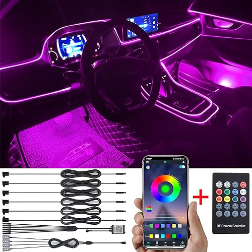 TABEN Kit de iluminación Ambiental para automóvil 8m Fibra óptica 64 Colores Controlador Remoto RF + Control de aplicación USB Car Footwell Atmósfera Luz, Bricolaje RGB Sonido Música Sincronización