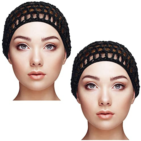 Geyoga 2 Pieces Mesh Crochet Hair Net Rayon Knit Snood Cap Cover Crocheted Shower Caps Sleep Hat for Women(Black)