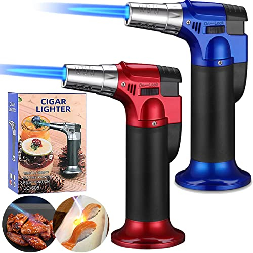 2 Stück Küchenbrenner Flambierbrenner, Bunsenbrenner Nachfüllbarer Creme Brulee Brenner mit Sicherheitsschloss für die Küche Gebäck Desserts Camping (Butan nicht inbegriffen)(Rot/Blau)