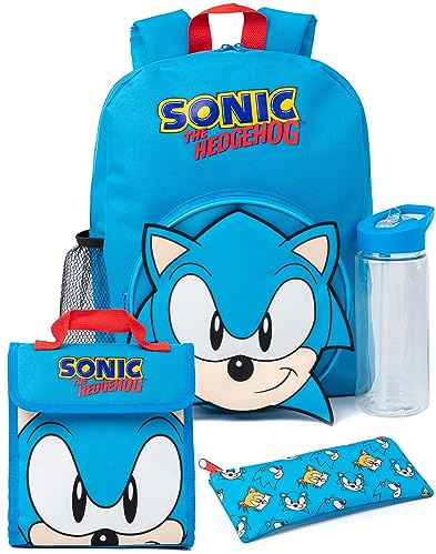 Sonic The Hedgehog Boys Backpack Set | Kids 4 Piece Blue Rucksack Set with School Bag, Pencil Case, Lunch Bag & Water Bottle | Sonic Gamer Complete Matching Bundle | Back to School Gifts for Children