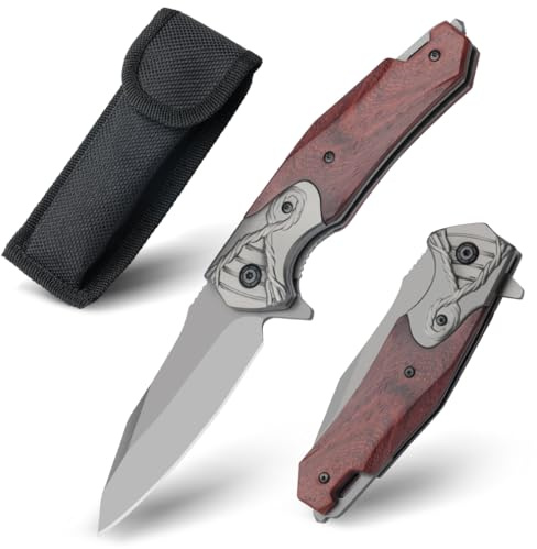 SUNEMY Klappmesser Multi 2 IN 1, Ultra-scharf Langlebig Taschenmesser Holzgriff 7Cr13Mov HC Stahl Scharfe, Einhandmesser mit Glasbrecher, EDC Outdoor Messer für Camping, Angeln, Trekking, Startseite