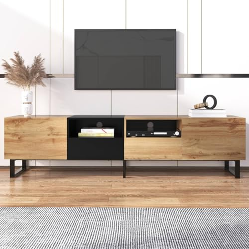 KOMHTOM Commode noire et bois - Meuble TV avec rangements polyvalents et tiroirs - Armoire moderne pour salon, chambre et bureau