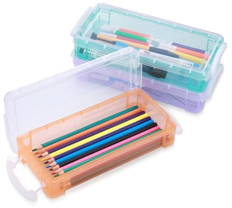 JIANTA 3 Pack Stackable Pencil Boxes, Plastic Pencil Case with Snap-Tight Lid, Clear Pen Box Organizer for School Office Supplies Storage