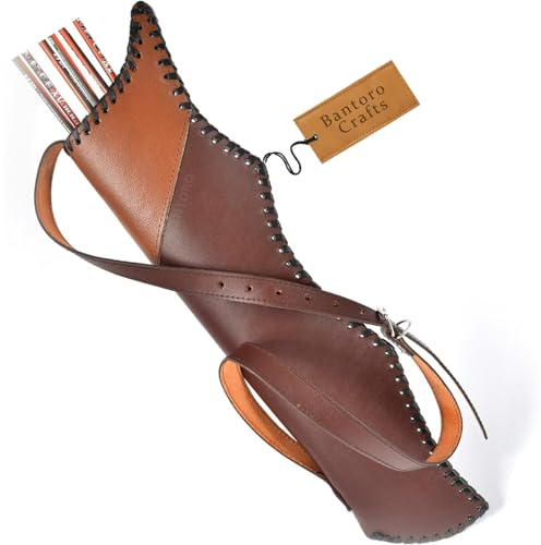 Bantoro Crafts Carcaj Tradicional marrón con Arco para Hombro y Espalda, Soporte de Flechas de Cuero con Bolsa Grande, Correas Hechas a Mano