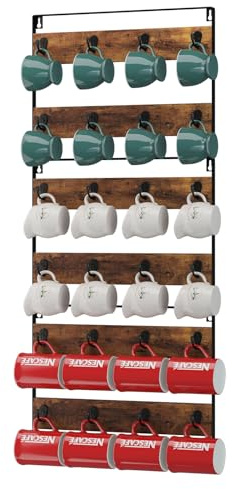 IBUYKE Porte-tasses à café mural avec 24 Crochets,Lot de 3,Marron TBJ005H-3 | Support de Tasse en bois pour cuisine maison bar station Porte gobelet de café