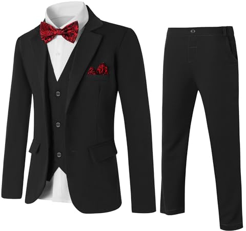 Amissz Traje de Niños 5 Piezas Clásico Slim Fit Traje de Boda Conjunto Caballero Esmoquin Chaqueta Abrigo + Chaleco + Blusas + Pajarita + Pantalones Niños Bautizo Traje 7-8 ANS, Negro