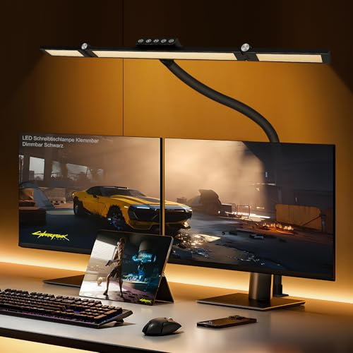 LED Schreibtischlampe Klemmbar Dimmbar Schwarz,Desk Lamp Touch Controller,Monitor Lampe 70 cm Länge 24W,Monitorlampe Homeoffice,Schwanenhals Büro Tischlampe für Büroangestellte,Leser und Architekten