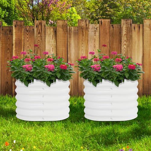 Lot de 2 parterres surélevés en métal pour jardin et balcon - En acier inoxydable galvanisé et laqué blanc - Tôle ondulée ronde - Autonomes - Pour fleurs, fruits et légumes