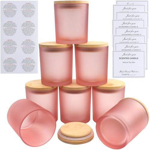 LHNNDM 8 Pack 10 oz Frosted Glass Candle Jars with Bamboo Lids- Bulk Empty Jars （315ml ）for Making Candles - Spice, Powder Containers - Dishwasher Safe (Frosted Pink Candle Glass Cup)