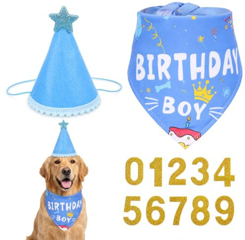 JJUNW 1 set hund födelsedag dekoration, hund födelsedag hatt hundkaka födelsedag bandana med 0-8 för små medelstora stora hundar