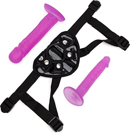 Lovehoney Strap On Dildo Harness Kit - 2 Realistic Strap On Dildos for Pegging - 6 Inch & 8 Inch Dildos with Flared Bases - Includes 3 O-Rings & Adjustable Harness - Waterproof - Purple